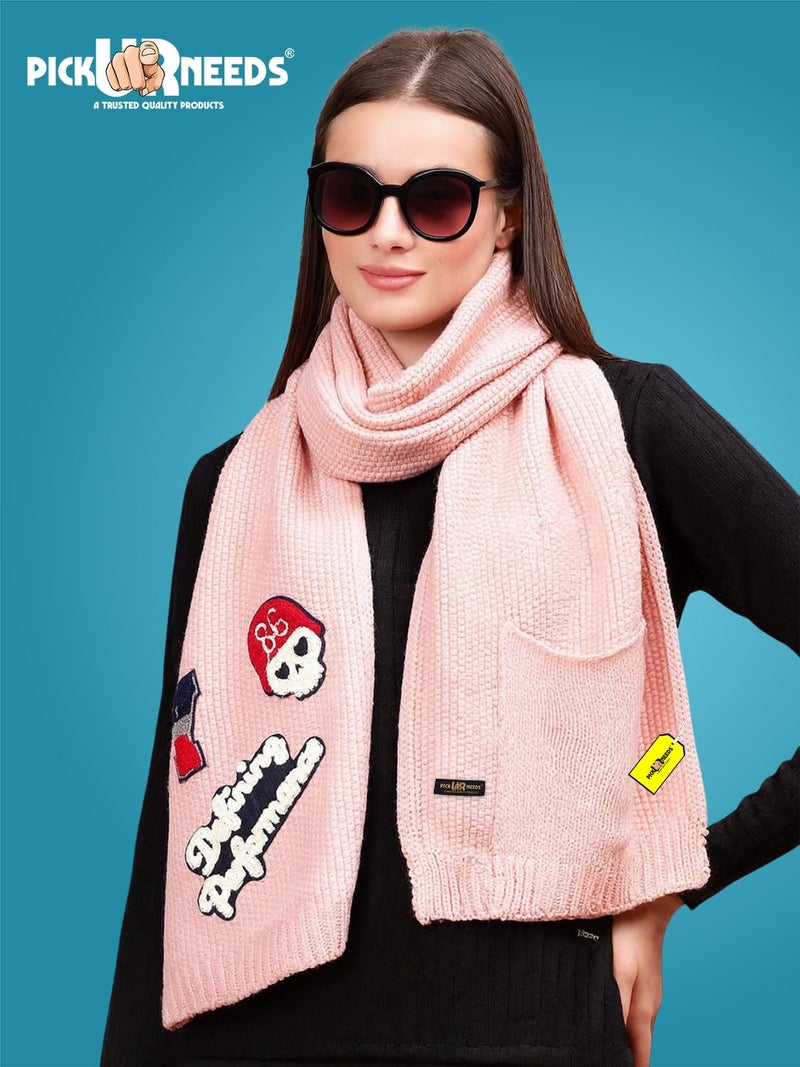 Pick Ur Needs Women Winter Woolen Muffler with Trendy Patch Design Soft Warm Knitted Scarf for Girls & Ladies Stylish Casual Mufflers (Baby Pink) - Image 2