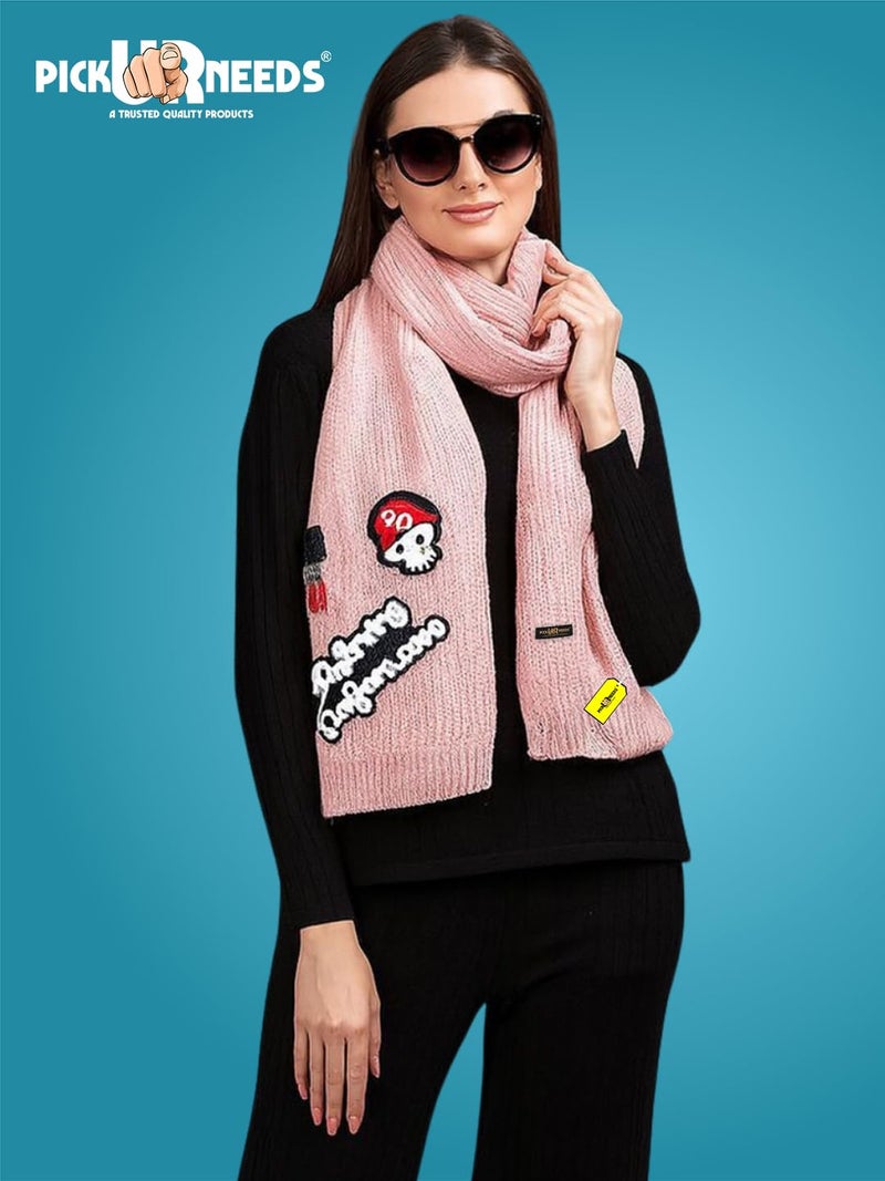 Pick Ur Needs Women Winter Woolen Muffler with Trendy Patch Design Soft Warm Knitted Scarf for Girls & Ladies Stylish Casual Mufflers (Baby Pink) - Image 4