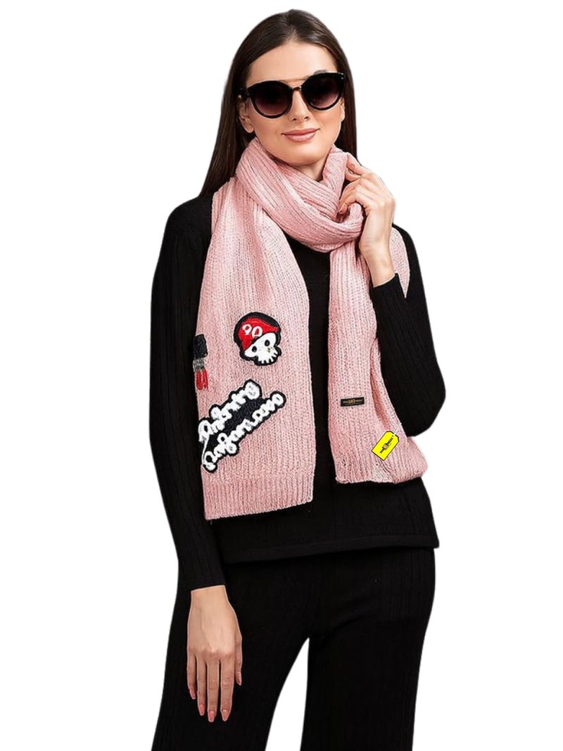 Pick Ur Needs Women Winter Woolen Muffler with Trendy Patch Design Soft Warm Knitted Scarf for Girls & Ladies Stylish Casual Mufflers (Baby Pink) - Image 1