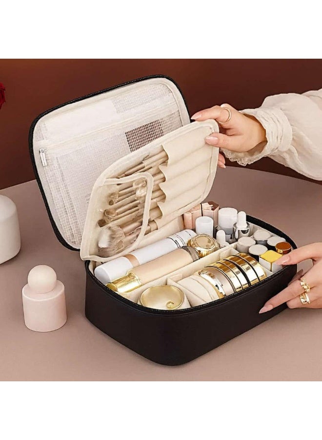 Leather Multi-Layer Makeup Organizer Bag with Adjustable Dividers - BLACK - Image 1