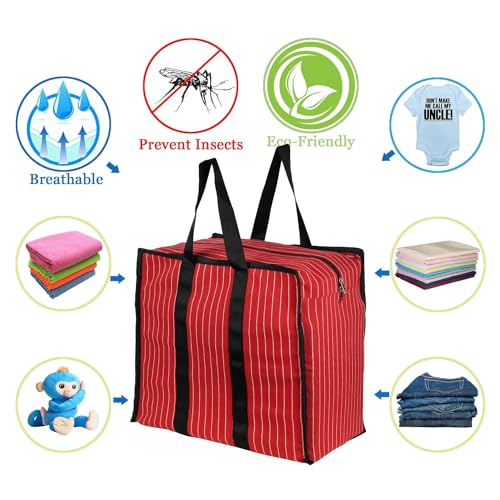 SHIBUI Multipurpose Extra Large Big Heavy Duty Storage Organizer Reusable Canvas Shopper Bag with Strong Handles and Base with Covers Zip (Pack of 1, Red) - Image 3