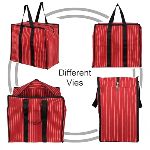 SHIBUI Multipurpose Extra Large Big Heavy Duty Storage Organizer Reusable Canvas Shopper Bag with Strong Handles and Base with Covers Zip (Pack of 1, Red) - Image 2