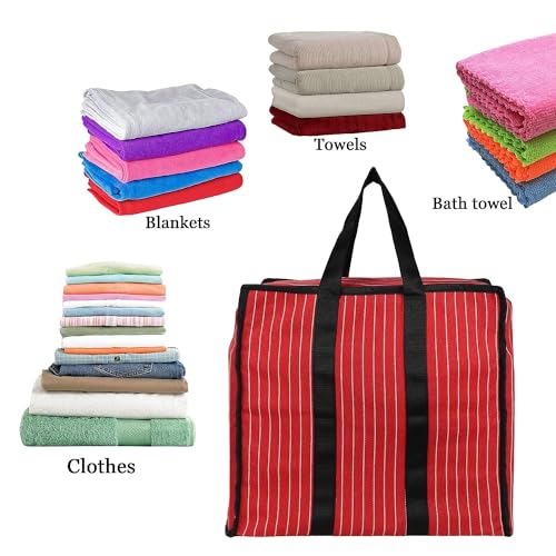 SHIBUI Multipurpose Extra Large Big Heavy Duty Storage Organizer Reusable Canvas Shopper Bag with Strong Handles and Base with Covers Zip (Pack of 1, Red) - Image 4