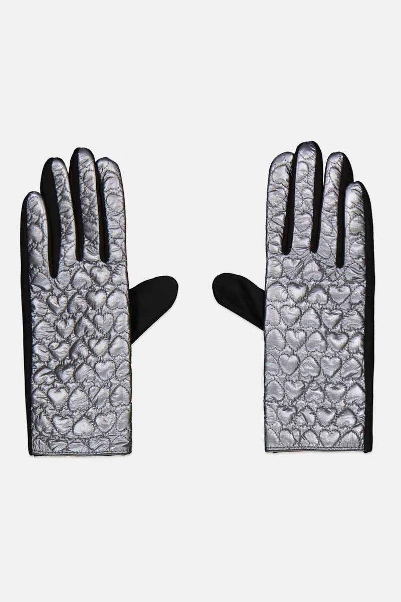 Justin Gregory Women 1 Pair Heart Quilted Puffer Gloves, Silver - Image 1
