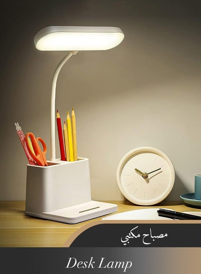 مصباح مكتب، مصباح طاولة LED لإضاءة المكتب المنزلي، مصباح دراسة بثلاثة أوضاع، إضاءة مكتب قابلة للتعتيم، مصباح مكتب صغير مع منفذ شحن USB قابل لإعادة الشحن وحامل قلم، أبيض - Image 1