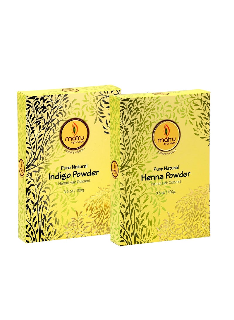 MATRU AYURVEDA - Matru Ayurveda 100 Pure  Natural MehndiHenna 100gms  Indigo 100gms Powder AyurvedicHerbal Hair and Beard DyeColor Kit Chemical Free Covers Gray Hair Strengthens Dull Hair - Image 1