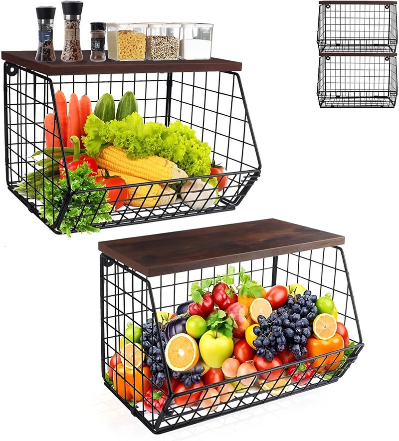 FOREENIU Hanging Kitchen Basket Wire Basket with Wood Lid,2-Pack Stackable Wall Mounted Countertop Kitchen Counter Organizer for Snack, Fruit and Vegetable Storage,Wall Mounted Produce Basket Storage - Image 1