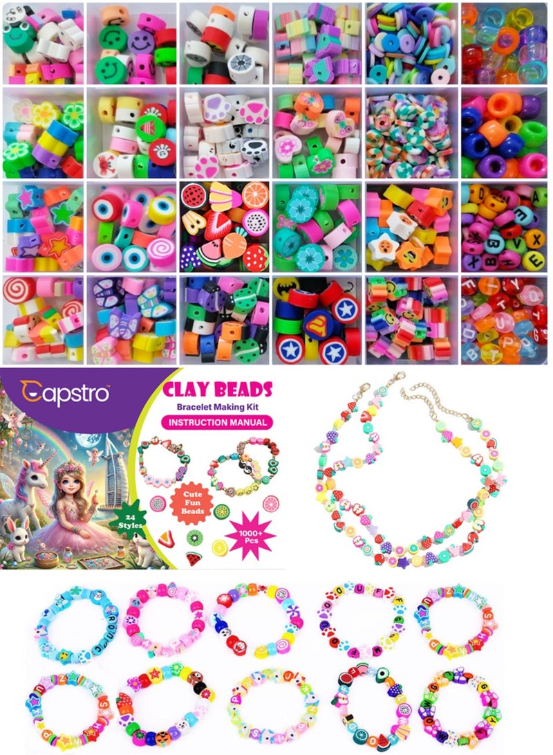 Capstro 1000 Pcs Polymer Clay Beads Bracelet Making Kit – 24 Styles of Cute Fun Beads, Charms for DIY Jewelry, Bracelets, Necklaces, Earrings – Ideal Craft Set for Women and Girls with Storage Box - Image 1