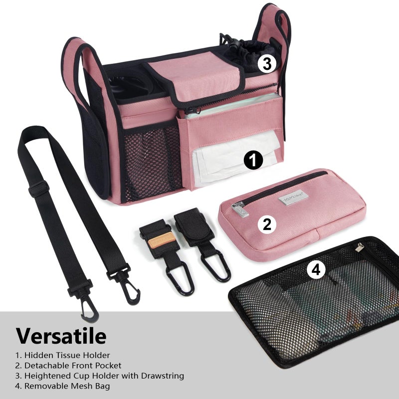 TOPDesign Universal Baby Stroller Organizer, Stroller Caddy with Detachable Mesh Bag & Heightened Insulated Cup Holders & Non-Slip Secure Hooks Accessories, Fits Most Strollers (Pink) - Image 2