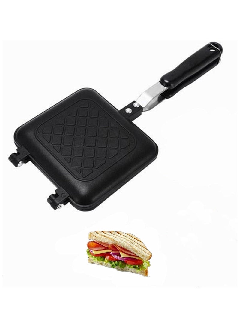 1pcs Grilled Sandwich Frying Pan Stovetop Toasted Panini Maker with Handle Flip Grill Pan Nonstick Double Sided Aluminum Flip Maker for Home Cooks Toasties, Kitchen, Breakfast, Camping, (Black)  - Image 1