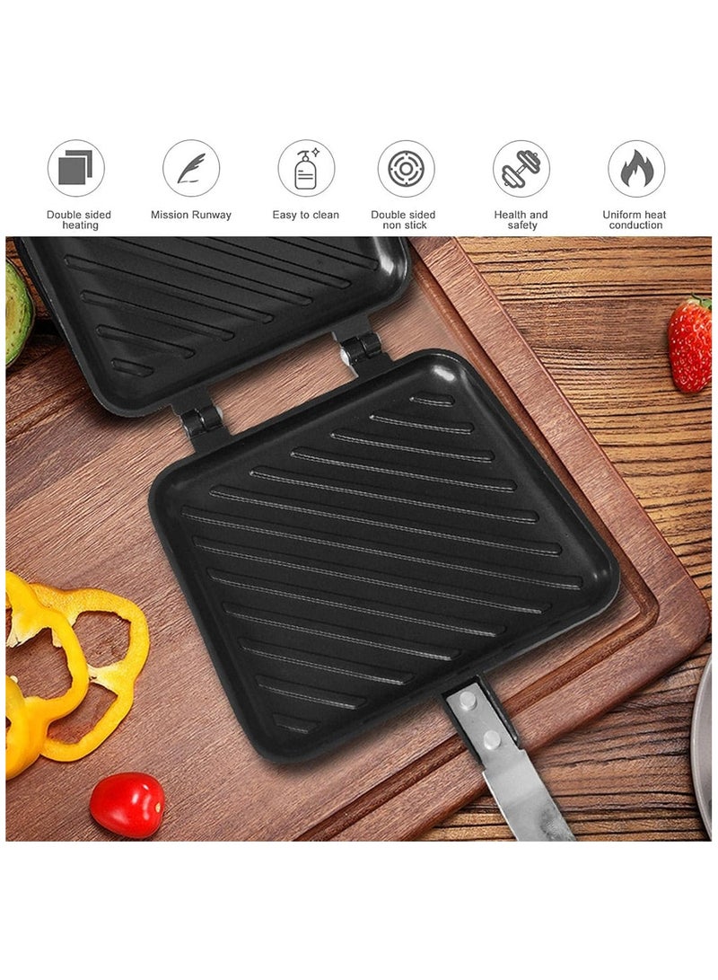 1pcs Grilled Sandwich Frying Pan Stovetop Toasted Panini Maker with Handle Flip Grill Pan Nonstick Double Sided Aluminum Flip Maker for Home Cooks Toasties, Kitchen, Breakfast, Camping, (Black)  - Image 4