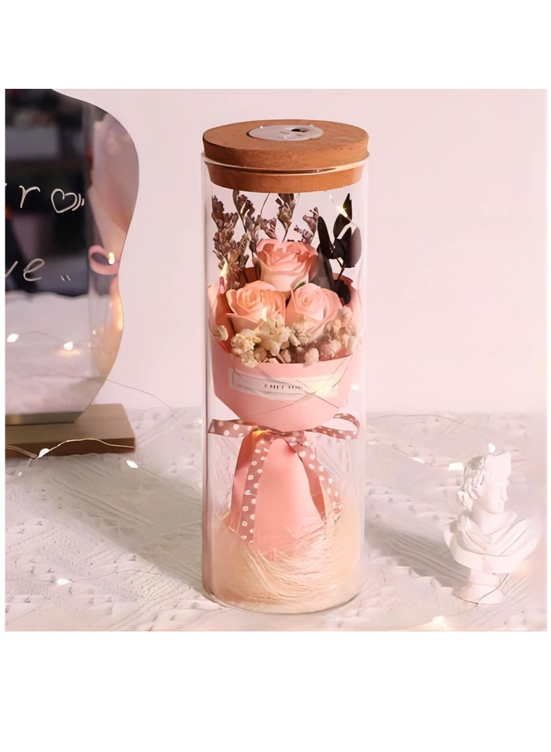 SOLARAE Artificial Preserved Flower Ornament Rose Bouquet Flower with Glass Coverï¼ŒRose Flower Gifts for Women Mom Grandma Wife,Gift for Valentine's Day&Mothers Day, Peach Pink Rose - Image 1