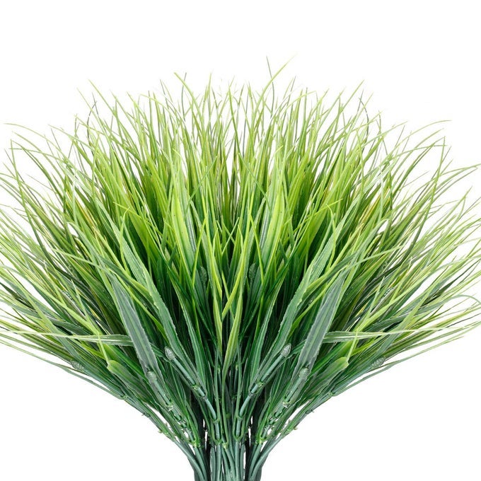 12 BUNDLES ARTIFICIAL GRASSES OUTDOOR UV RESISTANT FAKE GRASS NO FADE FAUX PLASTIC PLANTS GARDEN WINDOW BOX DECORATINGGREEN GRASS