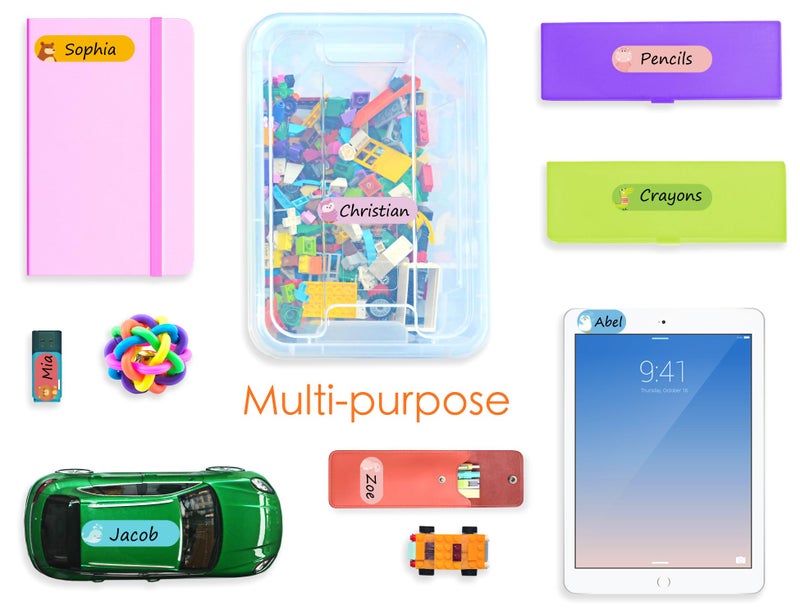 CHUBBIEE Baby Bottle & Daycare Name Labels, Self-Laminating Waterproof Stickers for Kids Stuff, Dishwasher Safe Write-On Name Tags for School & Home, Assorted Sizes & Colors, Pack of 64 (Animal Friends) - Image 4