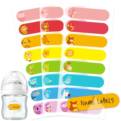 CHUBBIEE Baby Bottle & Daycare Name Labels, Self-Laminating Waterproof Stickers for Kids Stuff, Dishwasher Safe Write-On Name Tags for School & Home, Assorted Sizes & Colors, Pack of 64 (Animal Friends) - Image 1