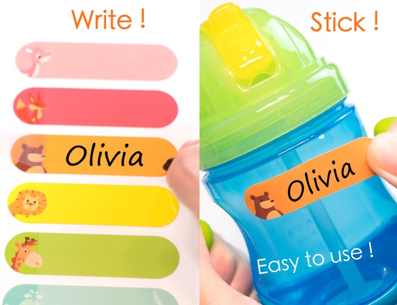 CHUBBIEE Baby Bottle & Daycare Name Labels, Self-Laminating Waterproof Stickers for Kids Stuff, Dishwasher Safe Write-On Name Tags for School & Home, Assorted Sizes & Colors, Pack of 64 (Animal Friends) - Image 5