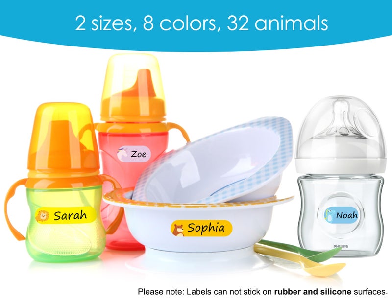 CHUBBIEE Baby Bottle & Daycare Name Labels, Self-Laminating Waterproof Stickers for Kids Stuff, Dishwasher Safe Write-On Name Tags for School & Home, Assorted Sizes & Colors, Pack of 64 (Animal Friends) - Image 3