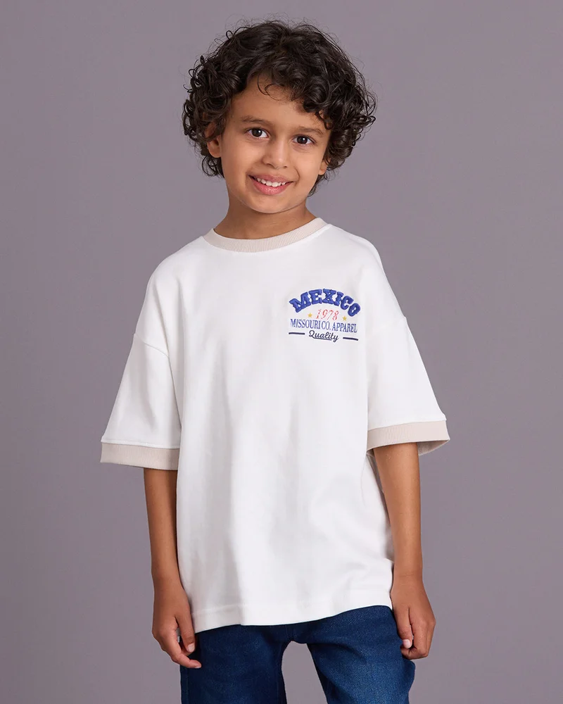 Redtag Boys White Placement Print T-Shirt