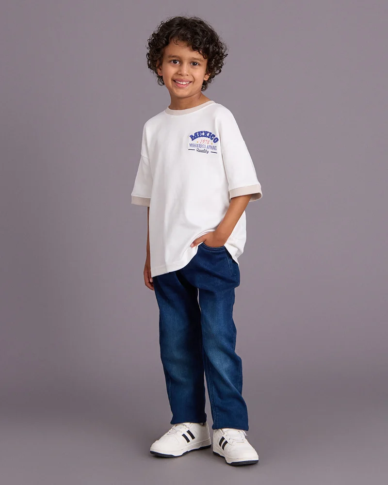 Redtag Boys White Placement Print T-Shirt