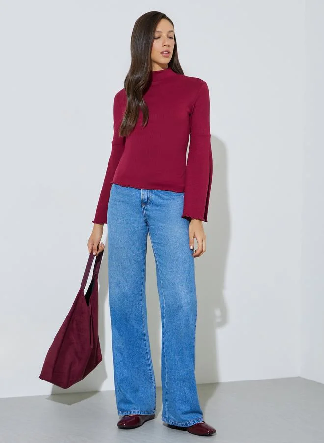 ستايلي Burgundy Bell Sleeves Ribbed Knit Top