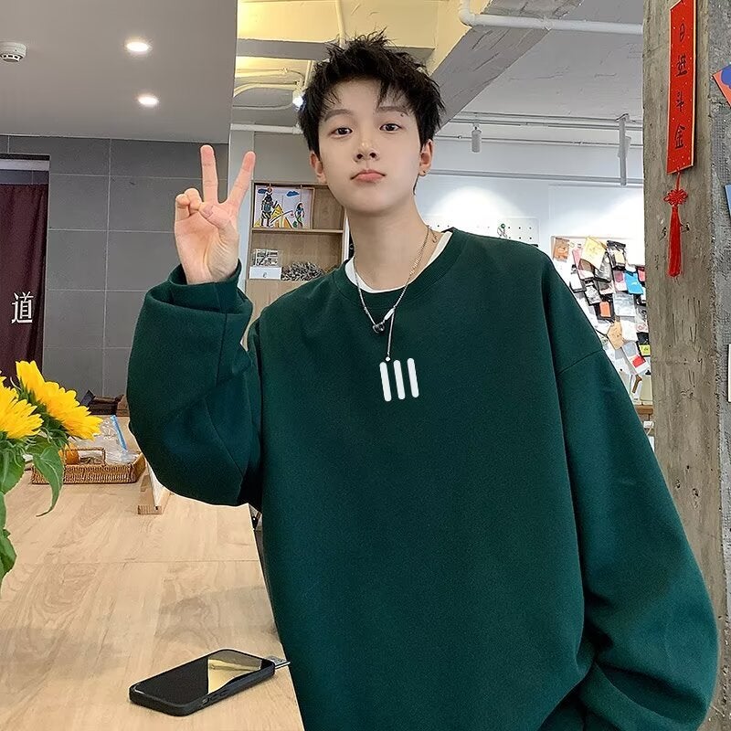 Autumn and Winter fleece-lined Thickened Sweatshirt Mens 2024 New Korean Style New Round Neck Loose Printed Sweatshirt Fashion in Hong Kong Green [thin large fish scales]