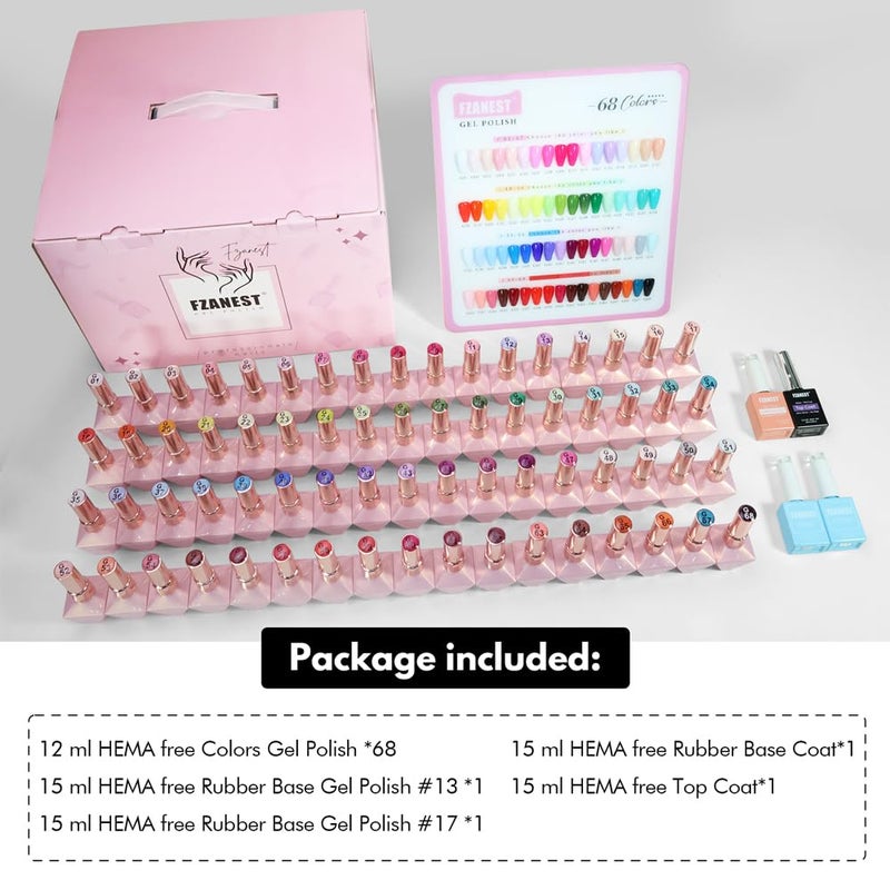 FZANEST HEMA-Free Gel Nail Polish Set, Tpo-free 72pcs 12ML High Shine Top Coat Base Builder Gel With 68 Bright Colors Nude Pink Red White Black All Seasons Gel Polish Kit For Home DIY Nail Salon Use - Image 2