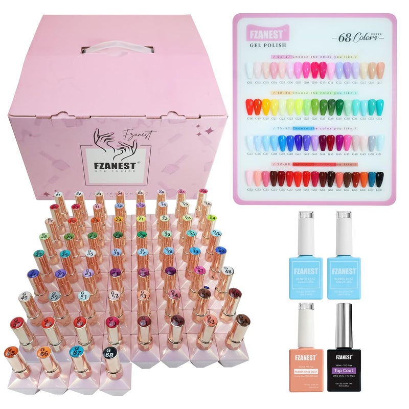 FZANEST HEMA-Free Gel Nail Polish Set, Tpo-free 72pcs 12ML High Shine Top Coat Base Builder Gel With 68 Bright Colors Nude Pink Red White Black All Seasons Gel Polish Kit For Home DIY Nail Salon Use - Image 1