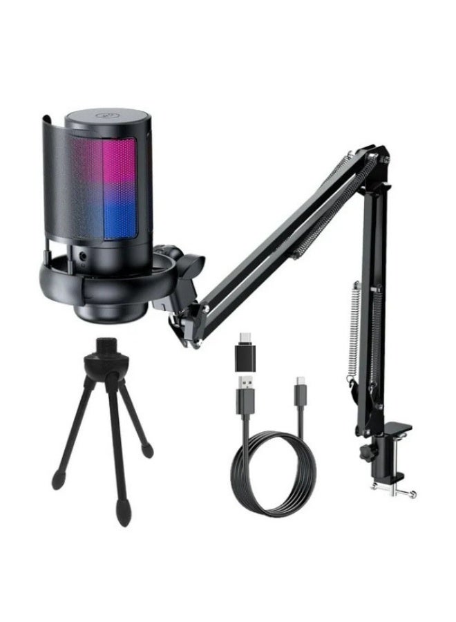XVersion RGB Streaming Microphone with Adjustable Boom Arm Stand and Shock Mount | USB Plug & Play Condenser Mic for PC, Laptop, Gaming, Podcast, Live Streaming & Recording | Touch Mute Button, Volume Gain Control, Real-Time Studio Sound Quality | Includes Tripod & Cable - Image 1