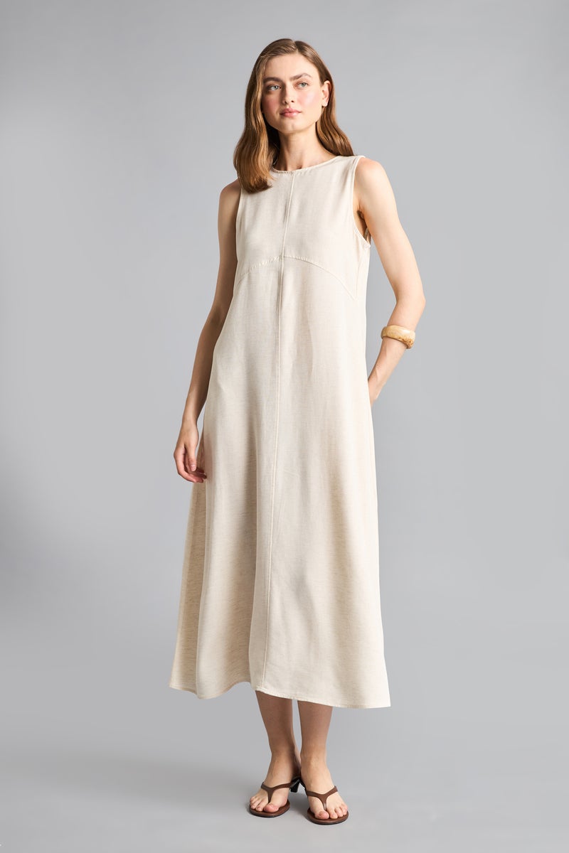 DeFacto Beige Woman Crew Neck Linen Blended Sleeveless Maxi Dress Casual - Image 2