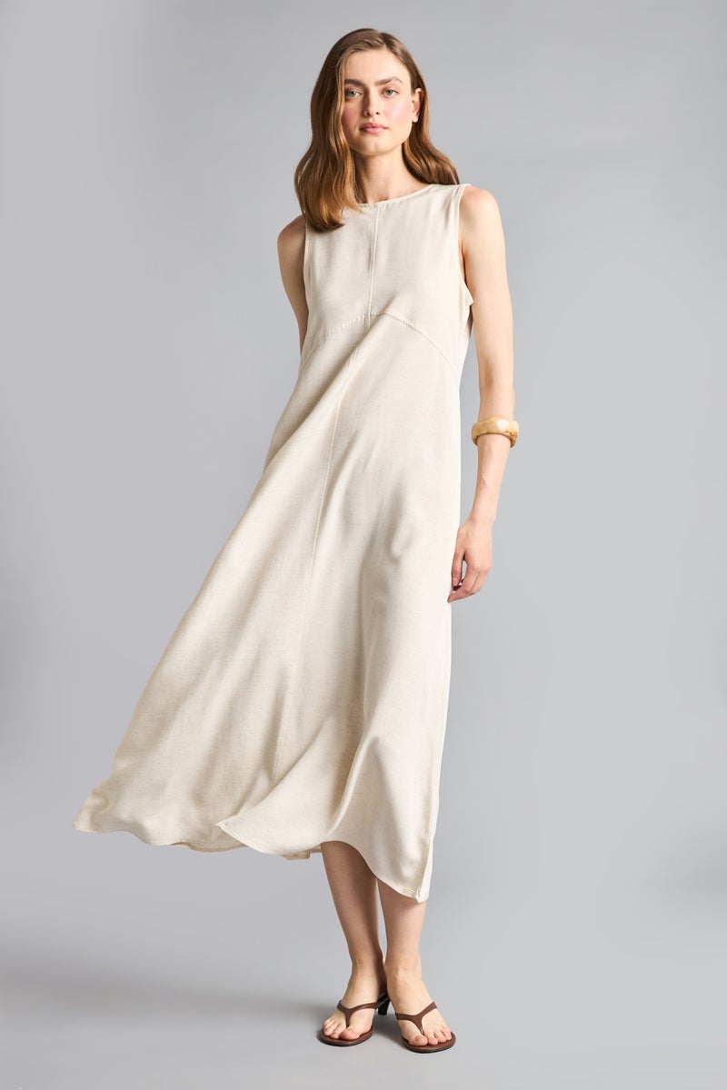 DeFacto Beige Woman Crew Neck Linen Blended Sleeveless Maxi Dress Casual - Image 1