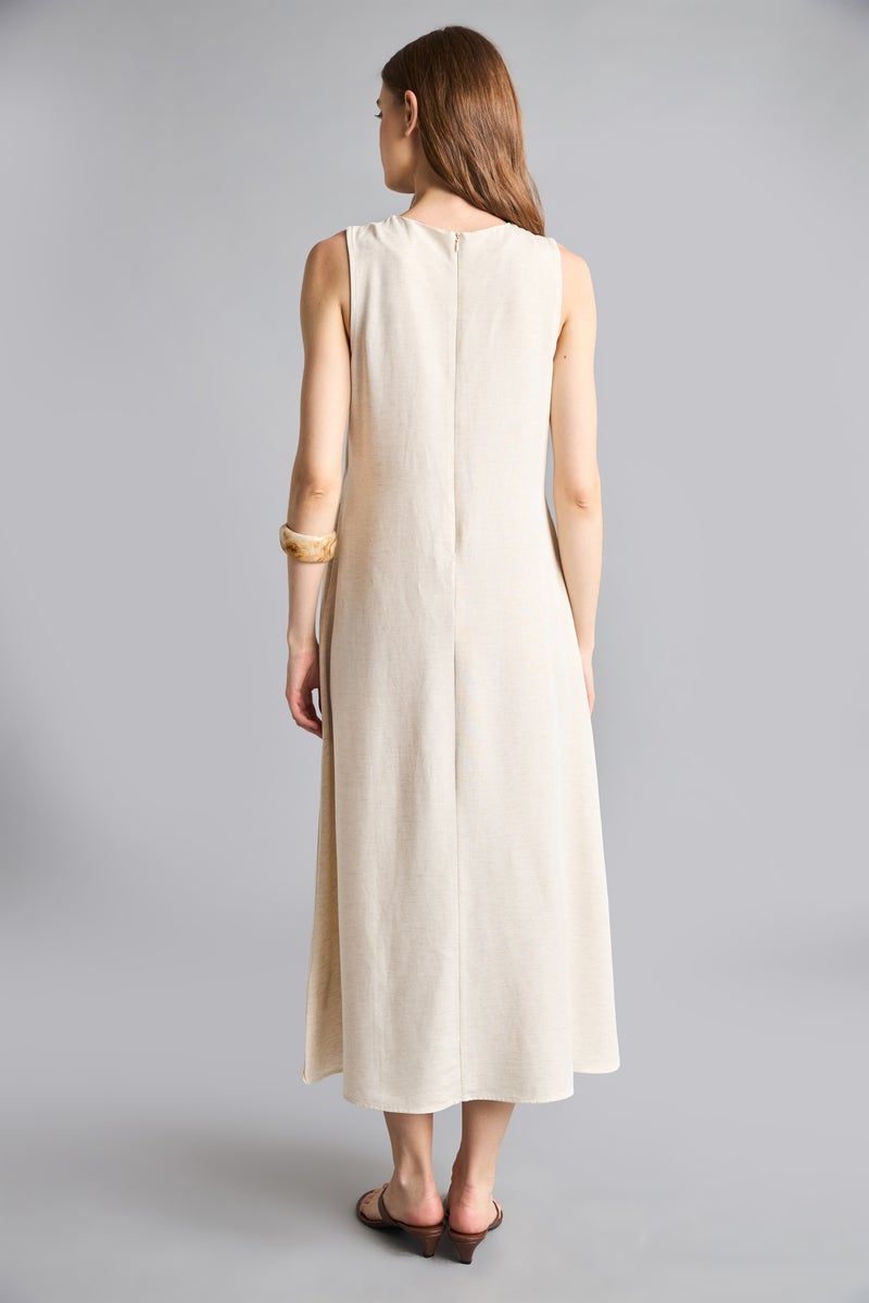 DeFacto Beige Woman Crew Neck Linen Blended Sleeveless Maxi Dress Casual - Image 5