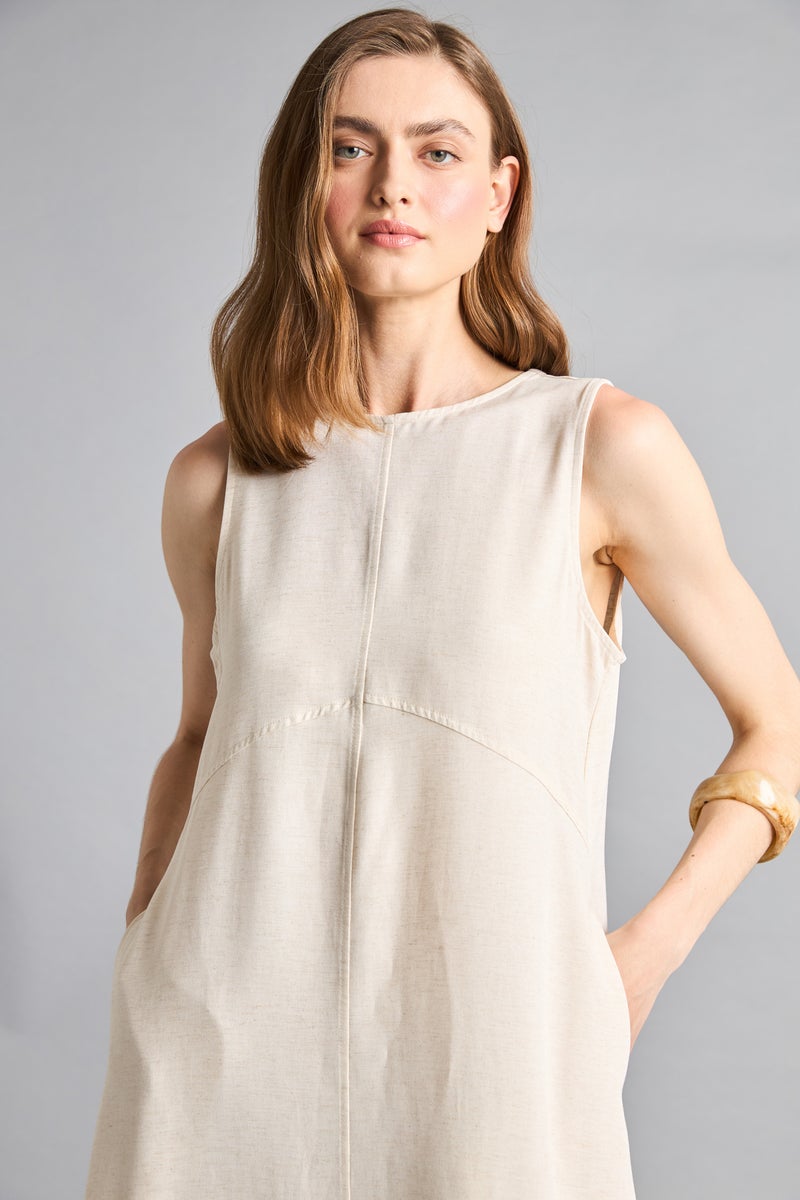DeFacto Beige Woman Crew Neck Linen Blended Sleeveless Maxi Dress Casual - Image 3