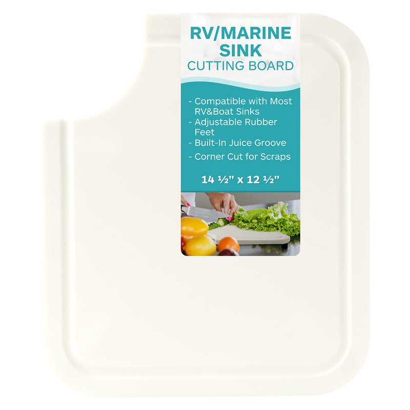 TonGass 14 12x12 12x12 RV Sink Cutting Board Compatible with Most RV Boat Kitch Sinks Plastic Chopping Board with Adjustable Rubber Feet BuiltIn Juice Groove and Corner Cut for Scraps  White