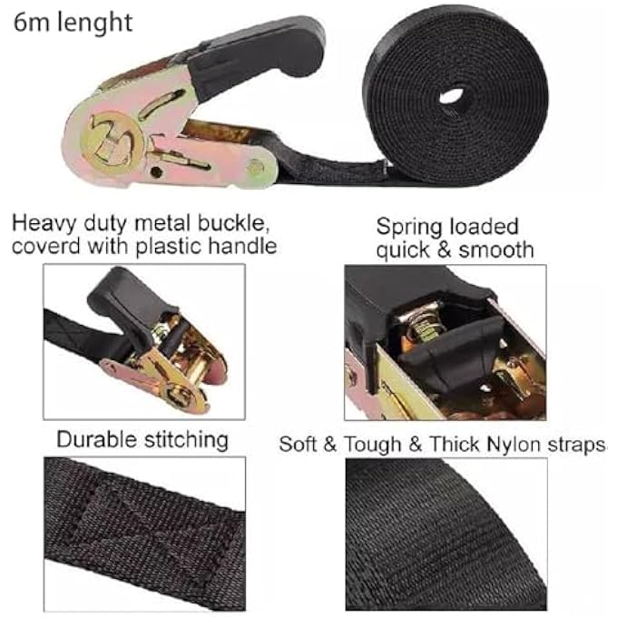 BINDING STRAP, TRUCK FASTENING TIGHTENER, 6-METER LONG, SPRING METAL BUCKLE WITH PLASTIC HANDLE, BLACK (4, 6M) - Image 4