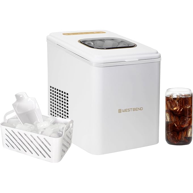 West Bend Timeless Ice Maker Mighty Ice Countertop Design Makes 26 Pounds of Bullet-Shaped Ice Cubes in 24 Hours, Digital Touch Controls and Self Cleaning Function, Includes Scoop, White/Gold - Image 1