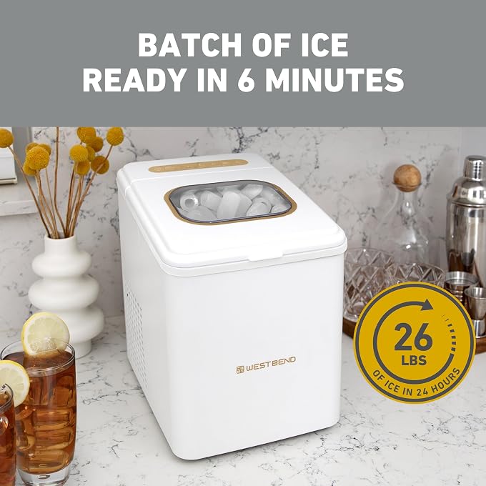 West Bend Timeless Ice Maker Mighty Ice Countertop Design Makes 26 Pounds of Bullet-Shaped Ice Cubes in 24 Hours, Digital Touch Controls and Self Cleaning Function, Includes Scoop, White/Gold - Image 3