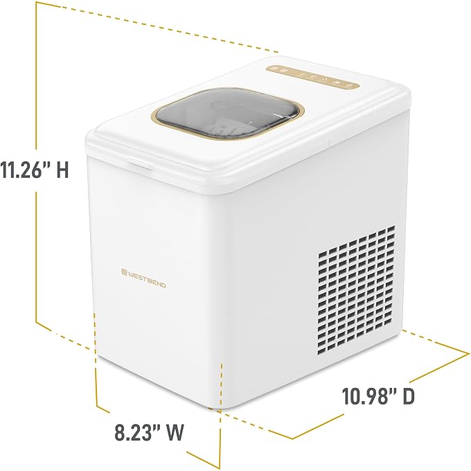West Bend Timeless Ice Maker Mighty Ice Countertop Design Makes 26 Pounds of Bullet-Shaped Ice Cubes in 24 Hours, Digital Touch Controls and Self Cleaning Function, Includes Scoop, White/Gold - Image 2