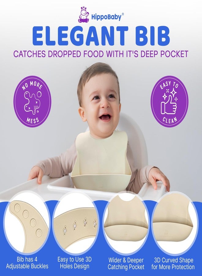 HippoBaby Baby Led Weaning Supplies | 10 Piece Silicone Baby Feeding Set | Baby Toddler Bib Cup Divided Plate and Bowl Self Feeding Spoons Dish Set | Baby Utensils | Toddler Feeding Supplies (Cream) - Image 5