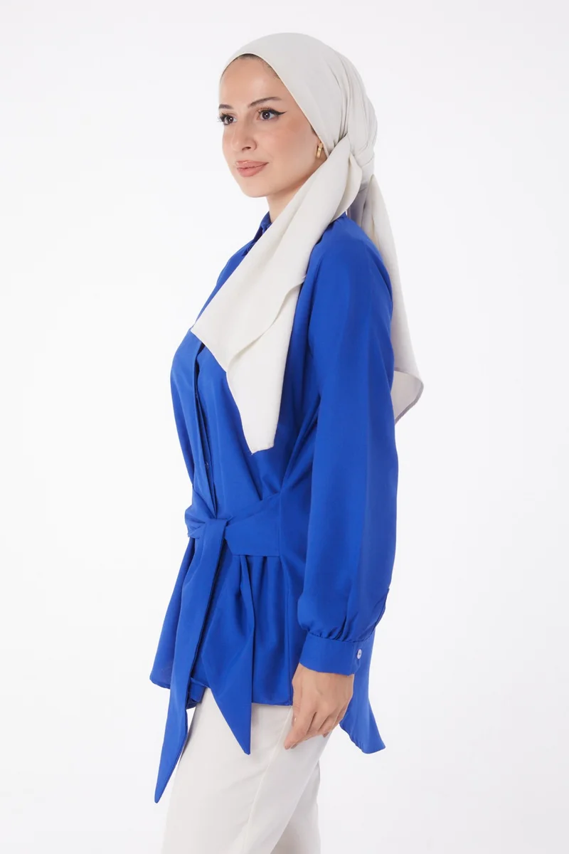 Tofisa Plain Shirt Collar Women's Blue Lace Detail Tunic - 13250