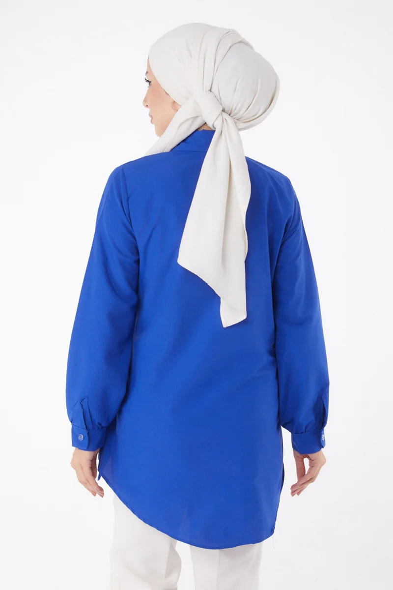 Tofisa Plain Shirt Collar Women's Blue Lace Detail Tunic - 13250