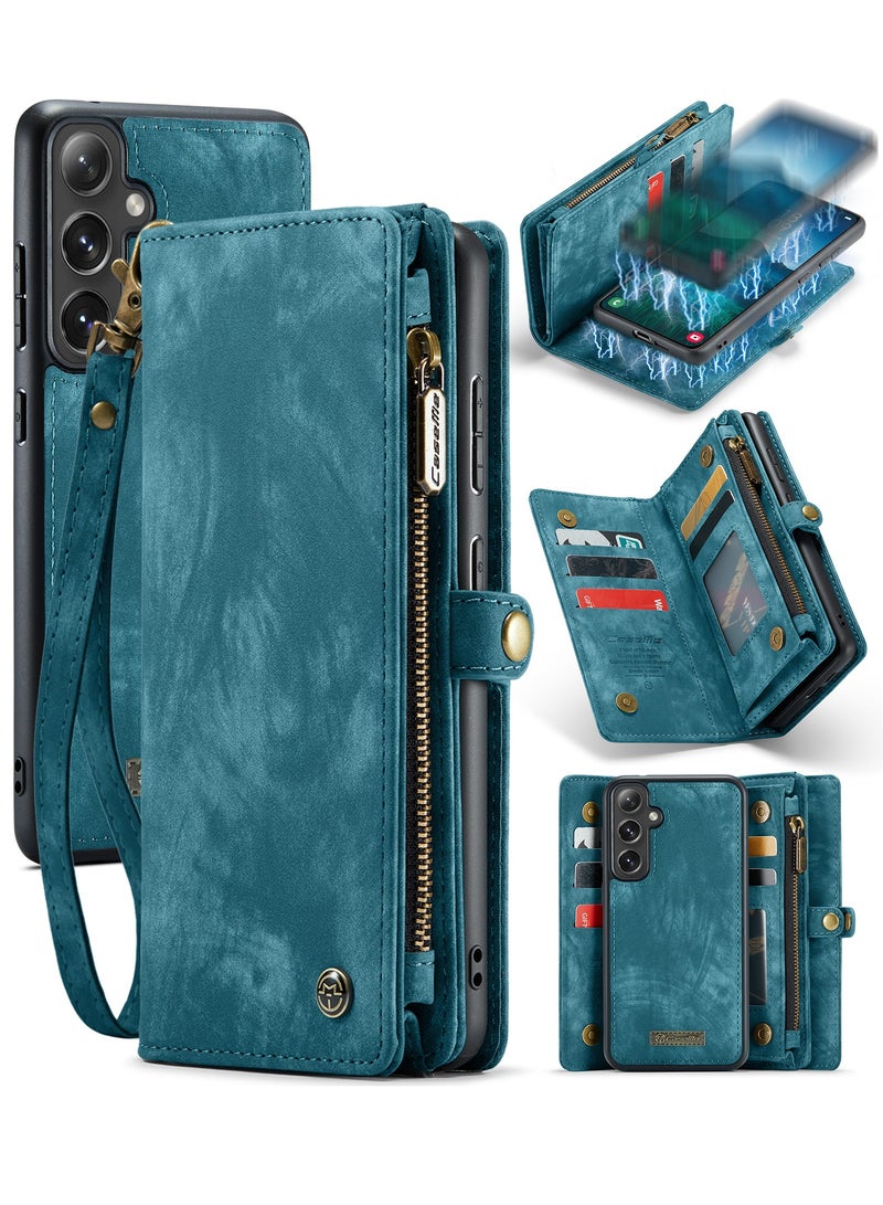 CaseMe Protective Phone Cover Case Wallet Case For Samsung Galaxy S24, 2 in 1 Detachable Premium Leather Magnetic Zipper Pouch Wristlet Flip Phone Case (Blue) - Image 2