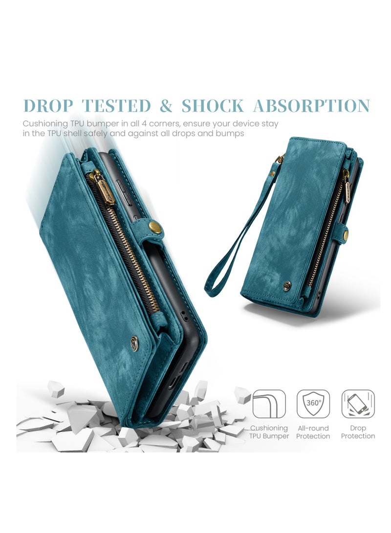 CaseMe Protective Phone Cover Case Wallet Case For Samsung Galaxy S24, 2 in 1 Detachable Premium Leather Magnetic Zipper Pouch Wristlet Flip Phone Case (Blue) - Image 5