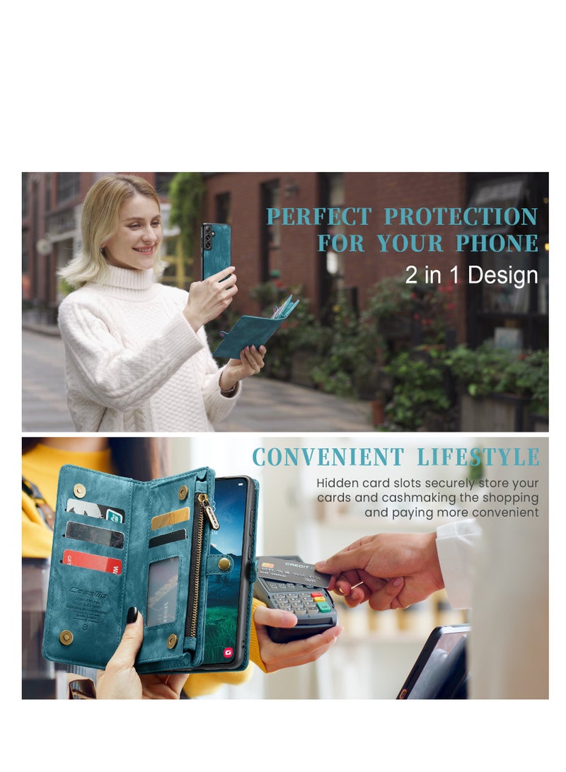 CaseMe Protective Phone Cover Case Wallet Case For Samsung Galaxy S24, 2 in 1 Detachable Premium Leather Magnetic Zipper Pouch Wristlet Flip Phone Case (Blue) - Image 3
