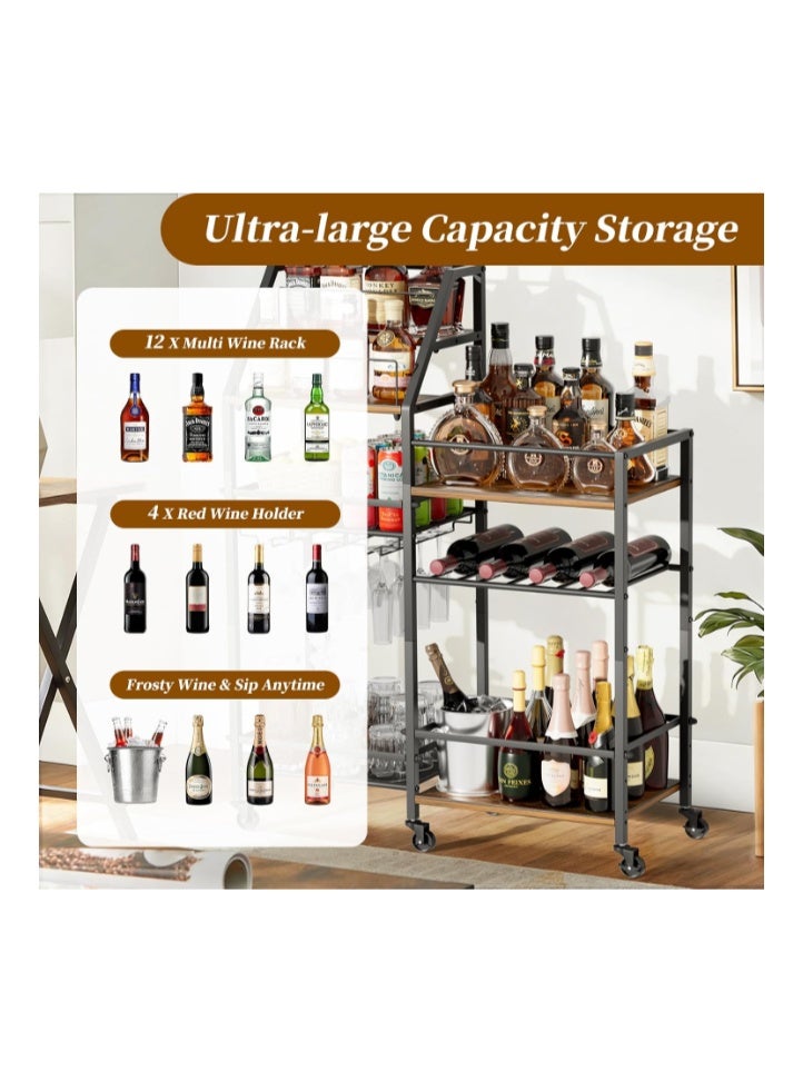VINAEMO Bar Cart with Wine Glass Holder, 3-tier Drink Cart with wheels, Coffee Bar for Kitchen Dining Room Home Bar, Tea Cart, Wine Storage Rack for Whiskey Wine, Drinks, Glasses, Fruits, Coffee - Image 4