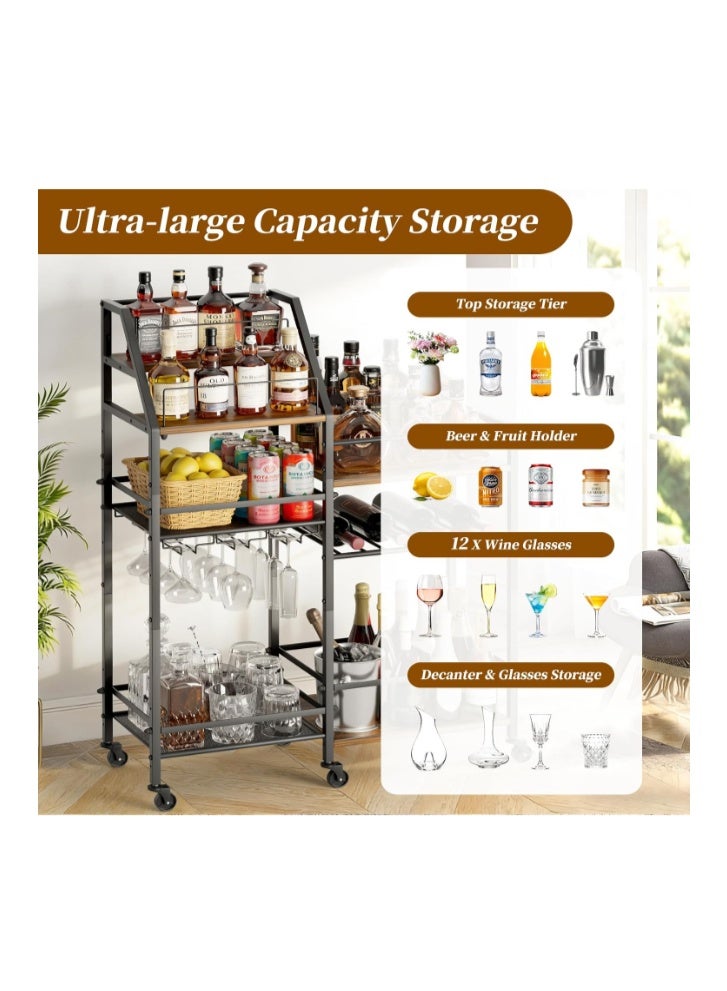 VINAEMO Bar Cart with Wine Glass Holder, 3-tier Drink Cart with wheels, Coffee Bar for Kitchen Dining Room Home Bar, Tea Cart, Wine Storage Rack for Whiskey Wine, Drinks, Glasses, Fruits, Coffee - Image 3