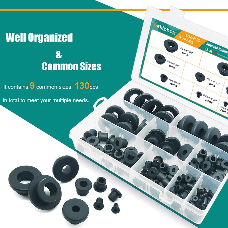 Dekiphox 130PCS Silicone Rubber Grommets for Wiring, Black Top Hat Rubber Grommet Assortment Kit, 9 Sizes Round Hole Rubber Wire Grommets for Automotive, Vinyl Tubing in Hydroponic and Irrigation Systems - Image 4
