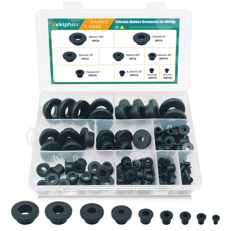Dekiphox 130PCS Silicone Rubber Grommets for Wiring, Black Top Hat Rubber Grommet Assortment Kit, 9 Sizes Round Hole Rubber Wire Grommets for Automotive, Vinyl Tubing in Hydroponic and Irrigation Systems - Image 1