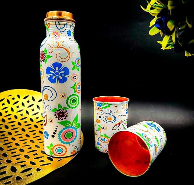 Piepot Copper Water Bottle 1 Ltr | Copper Water Bottle with Glass Set | Meena Work | 100% Pure | Leak-Proof | 2 Water Glass 300ml each | Best for Gifting ((Meena - Butterfly)) - Image 4