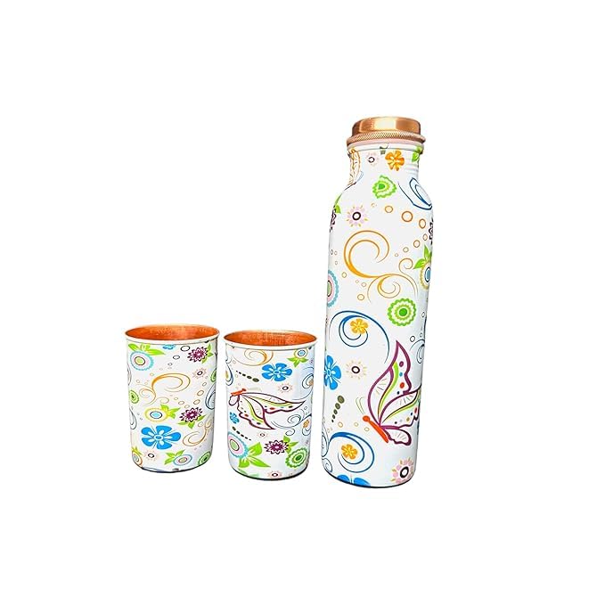 Piepot Copper Water Bottle 1 Ltr | Copper Water Bottle with Glass Set | Meena Work | 100% Pure | Leak-Proof | 2 Water Glass 300ml each | Best for Gifting ((Meena - Butterfly)) - Image 5
