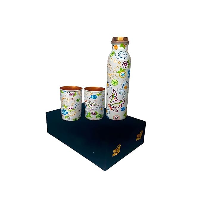 Piepot Copper Water Bottle 1 Ltr | Copper Water Bottle with Glass Set | Meena Work | 100% Pure | Leak-Proof | 2 Water Glass 300ml each | Best for Gifting ((Meena - Butterfly)) - Image 3